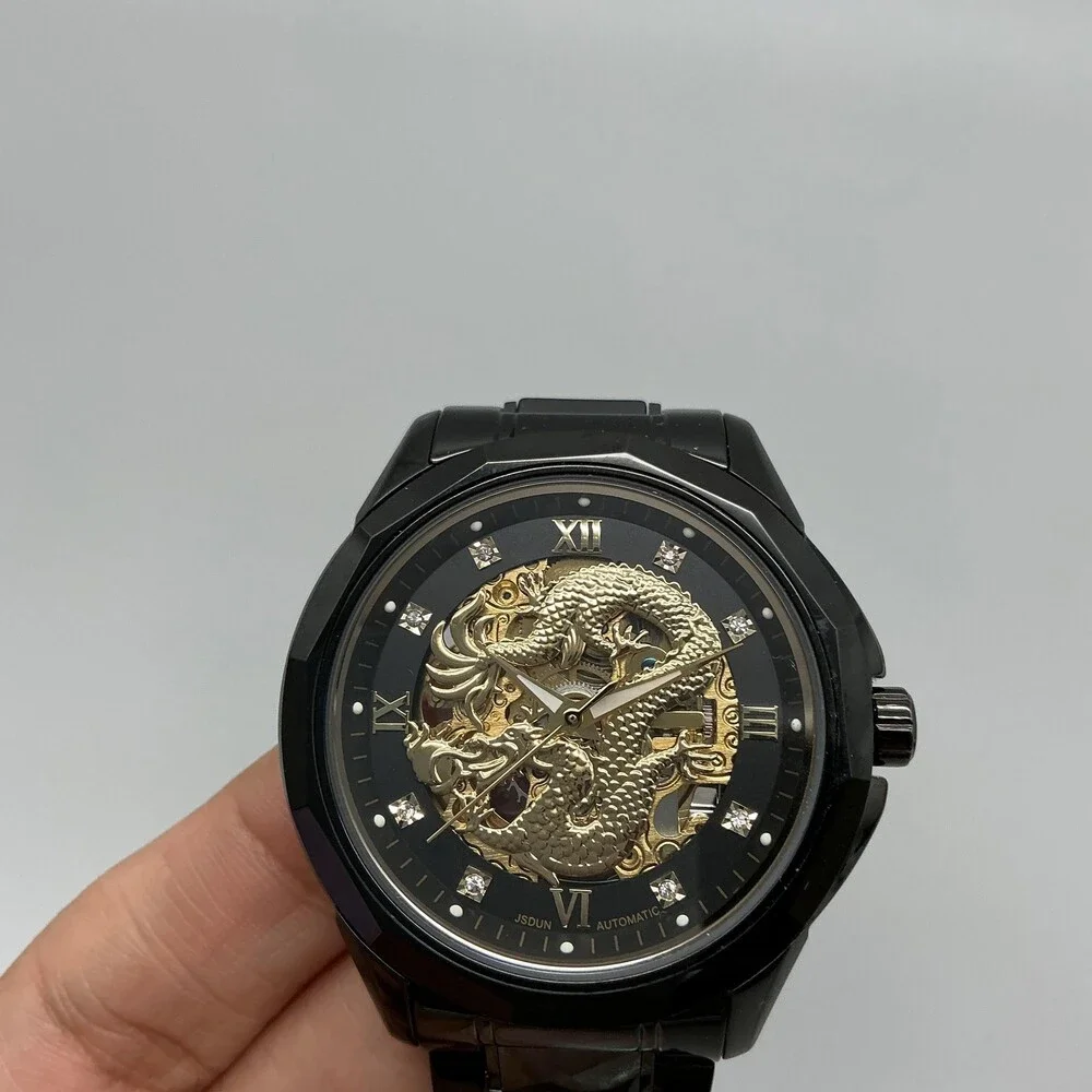 JSDUN Mens Watch 42mm Black Dragon Skeleton Dial Stainless Bracelet Automatic